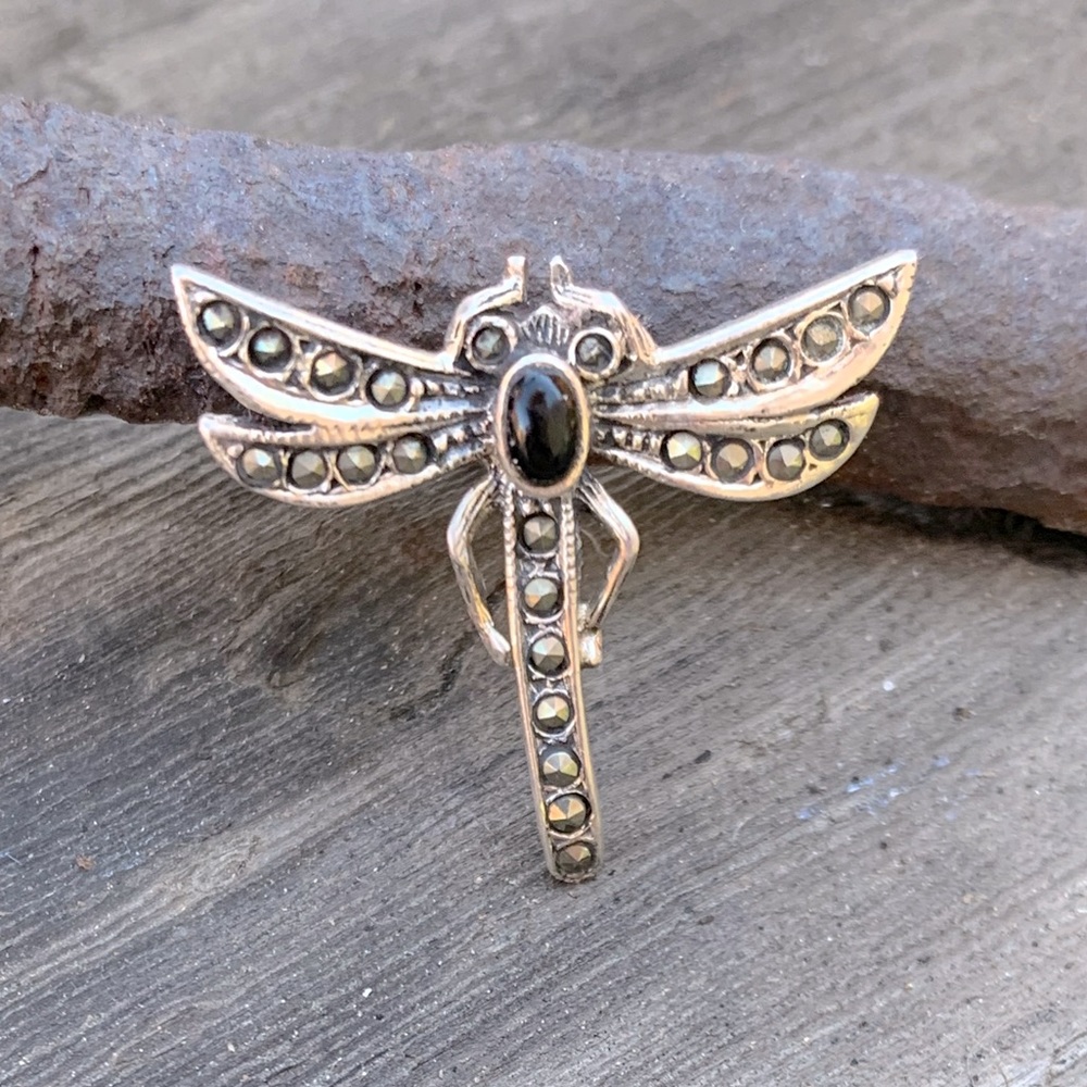 Black Onyx & Marcasite Dragonfly Brooch